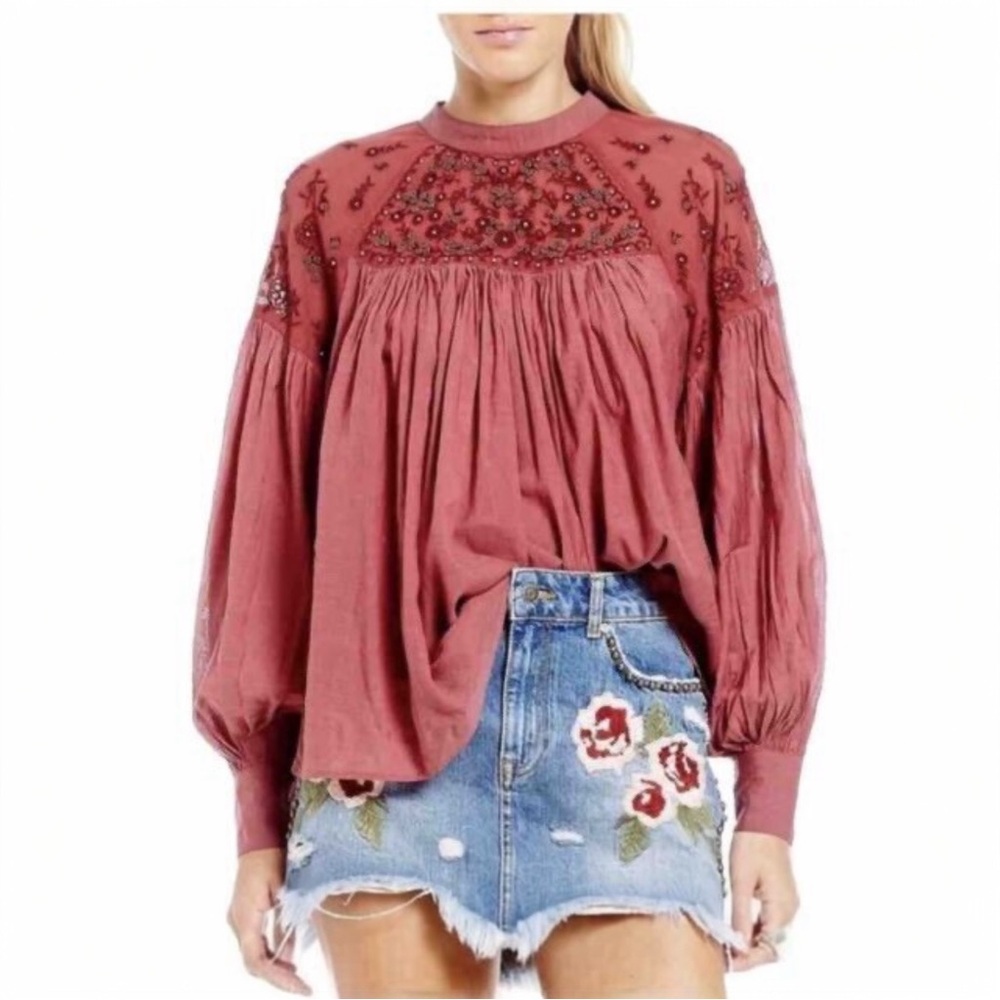 Free People Mesh Beaded Embroidered Balloon Sleeve
Tie Back Blouse. - Picture 4 of 16